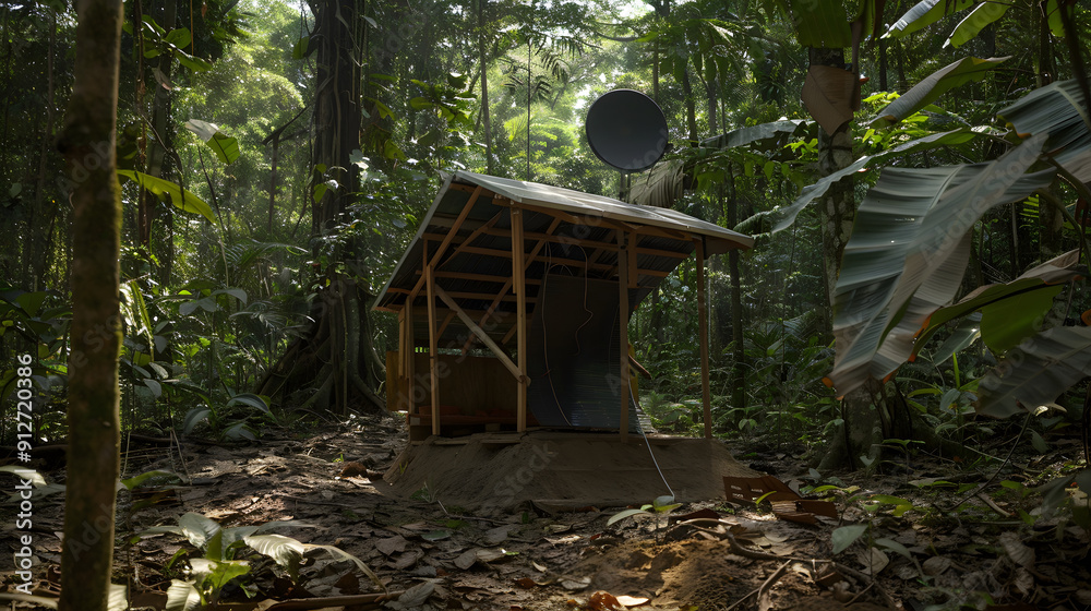 Photograph of a solar panel in the jungle. providing sustainable energy for the local community Photograph of a solar panel in the jungle. providing sustainable energy for the local community