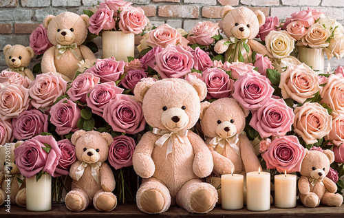 teddy bears in a box among roses created with Generative AI technology