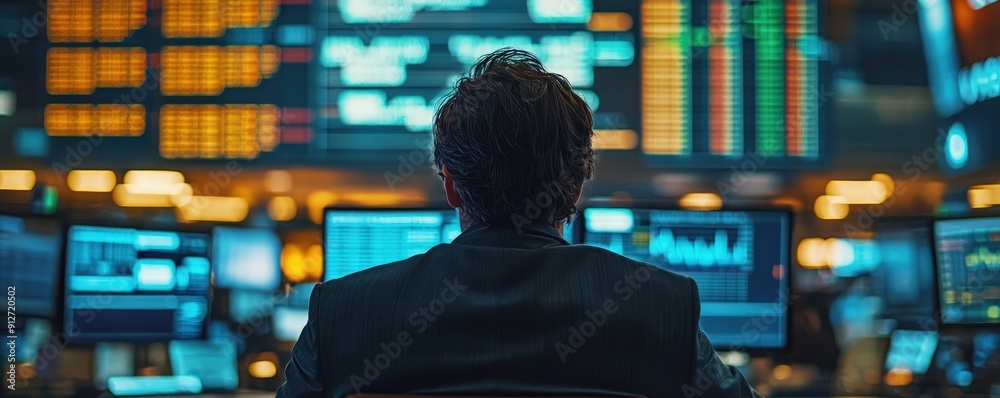 A focused individual analyzing financial data on multiple screens in a modern trading environment. A focused individual analyzing financial data on multiple screens in a modern trading environment.