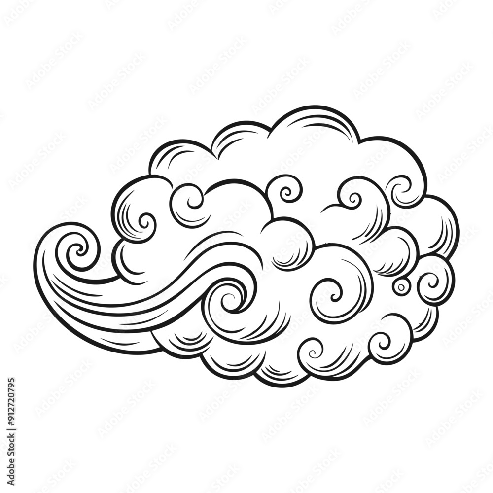 Fototapeta premium Clouds in hand drawn vintage retro style isolated on white background.