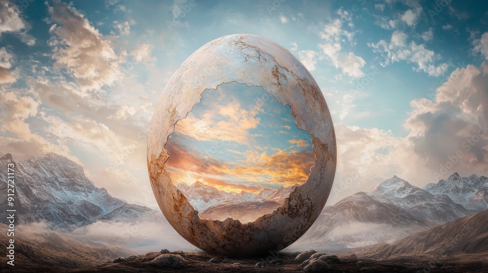 A giant egg stands in a mountainous landscape with a sunset reflected in its cracked shell. The sky above is filled with clouds. A giant egg stands in a mountainous landscape with a sunset reflected in its cracked shell. The sky above is filled with clouds.