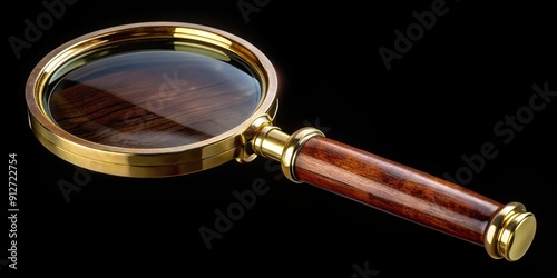 Classic magnifying glass with brass frame and wooden handle against black background, magnifying glass, brass, wooden