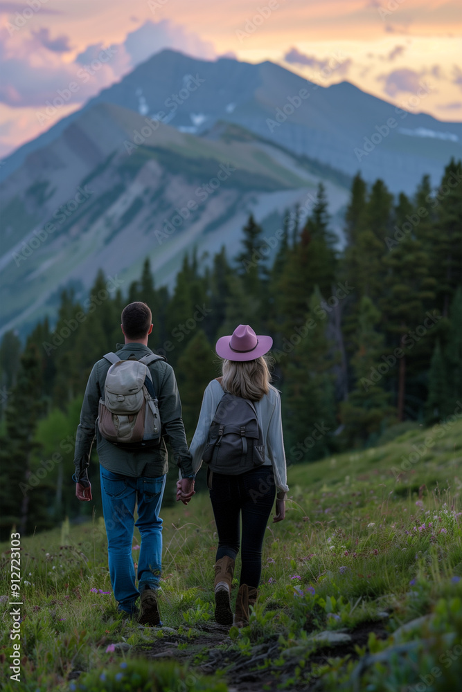 A young couple hiking in the mountains, carrying backpacks and wearing hats.