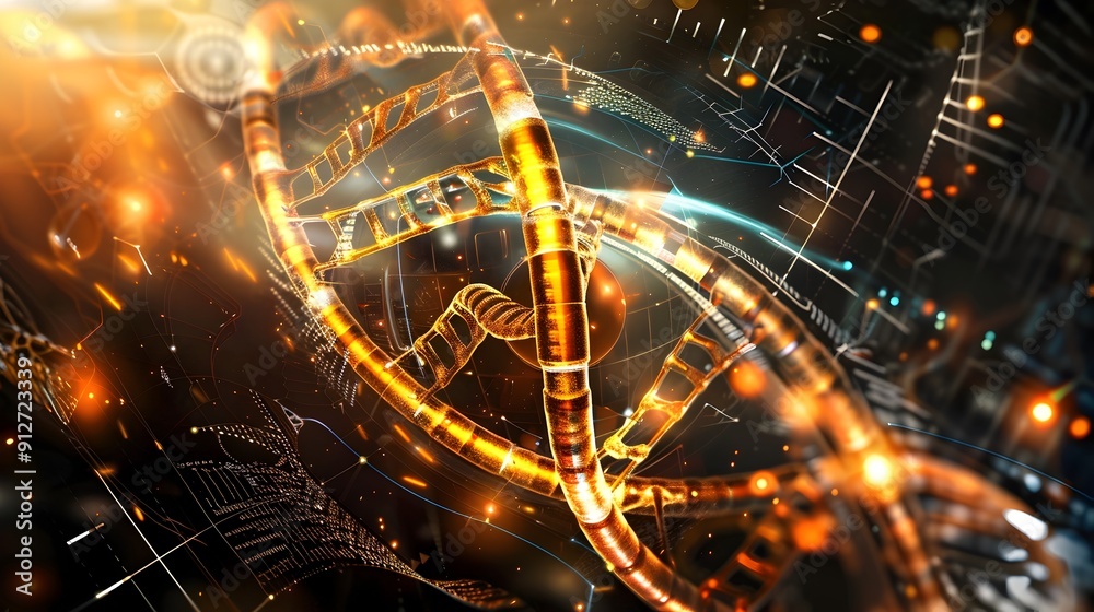 Golden DNA Helix with Abstract Background. Golden DNA Helix with Abstract Background.