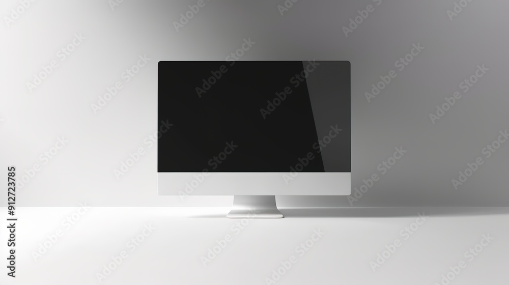 Minimalist computer monitor in a bright white space.
