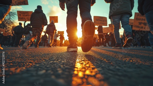 A crowd of protesters walking towards the sunset, carrying signs in a vibrant demonstration of unity and determination.