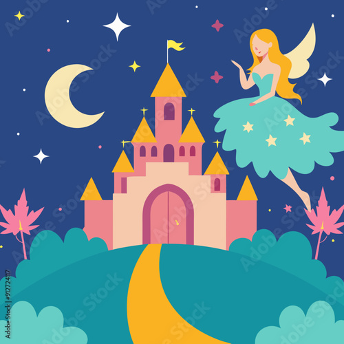 "Whimsical Fairy-Tale Scene with Castle and Fairies"