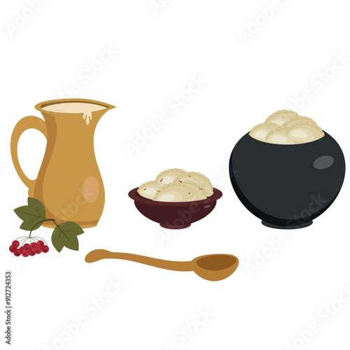 Web Vareniki in a cauldron and sour cream in a clay bowl. Loshka on a transparent background.