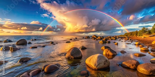 Fototapeta Naklejka Na Ścianę i Meble -  Boulders scattered along the shore of the Baltic Sea in Latvia at sunset, with a rainbow in the sky, Baltic Sea, Latvia