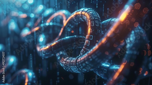 A digital artwork of interwoven chains, symbolizing the interconnectedness and security that blockchain provides in business and finance