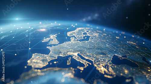 Earth in Space. Blue Lines connect Dublin, Ireland with Cities across the World. International Travel or Business Concept. 