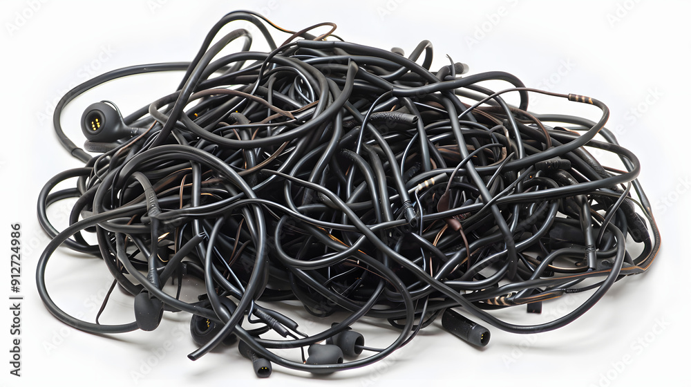 Pile of tangled earphones forming a brain shape. Pile of tangled earphones forming a brain shape.