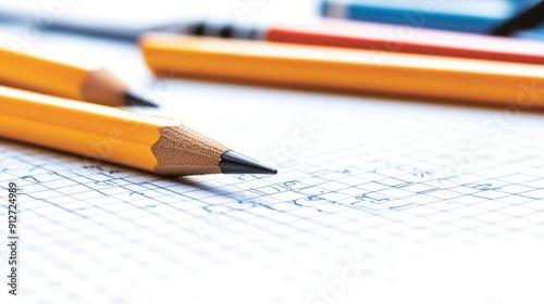 Colorful pencils are arranged in a row beside a sheet filled with grid-like geometric patterns during bright daylight