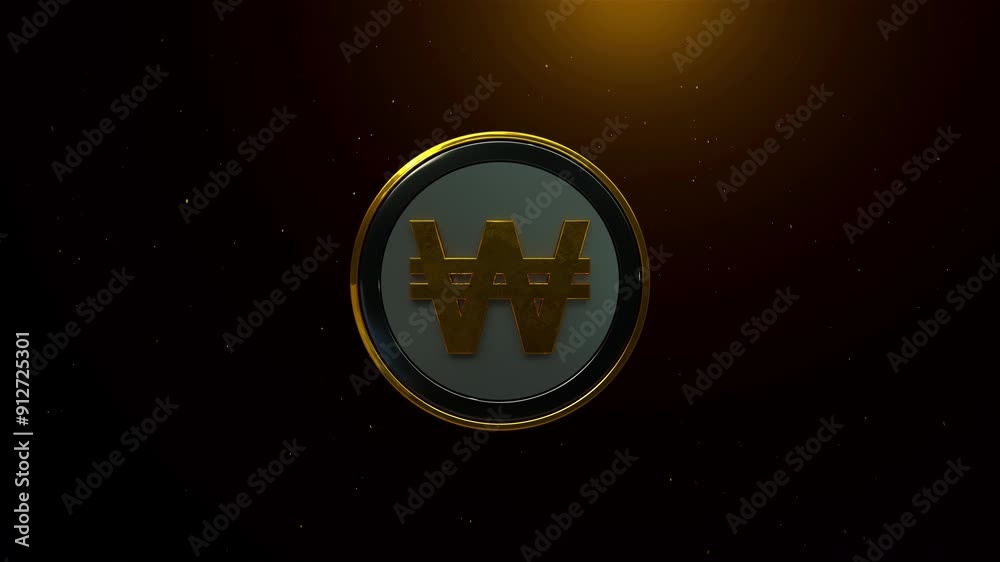 A golden Korean won symbol opener centered on a round, metallic background with sparkling grains of glitter dust in the surrounding dark space, Alpha matte included A golden Korean won symbol opener centered on a round, metallic background with sparkling grains of glitter dust in the surrounding dark space, Alpha matte included