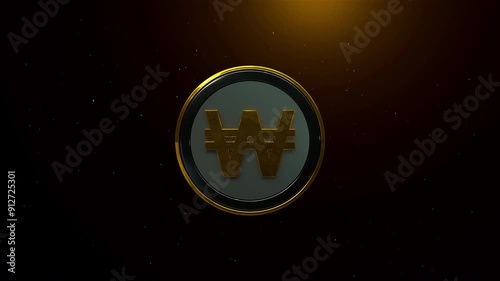 A golden Korean won symbol opener centered on a round, metallic background with sparkling grains of glitter dust in the surrounding dark space, Alpha matte included photo