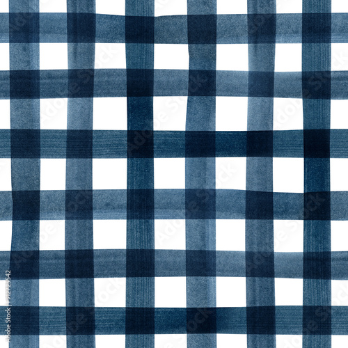 Hand painted illustration watercolor blue indigo stripes on white background. Checkered seamless pattern. Plaid material. For fabric, sketchbook, wallpaper, wrapping paper, bags, for cards, banner.