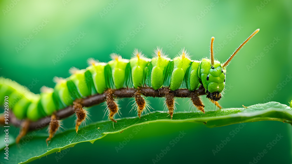 Naklejka premium A green caterpillar is crawling on a leaf