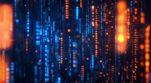 Digital background featuring orange and blue glowing binary code, code lines, network connection, and data transfer concept on a dark backdrop. High-tech abstract technology wallpaper, Generative AI