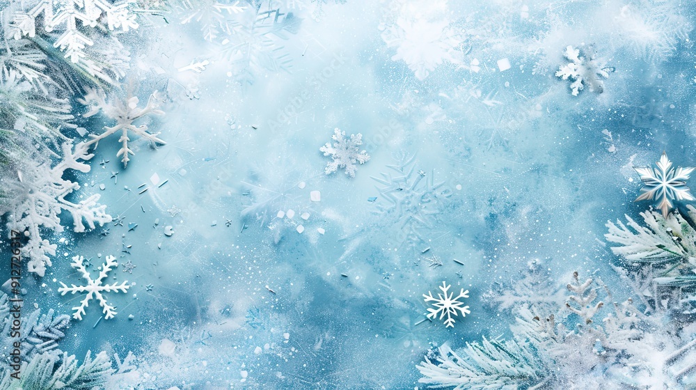 Winter wonderland scene with snowflakes and icy textures on a cool blue background. Winter wonderland scene with snowflakes and icy textures on a cool blue background.