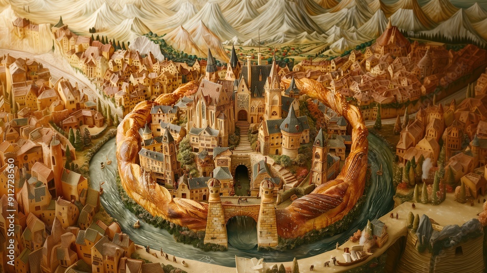Obraz premium Fortified medieval city with a central castle and stone walls surrounded by a winding river at the foot of mountains.