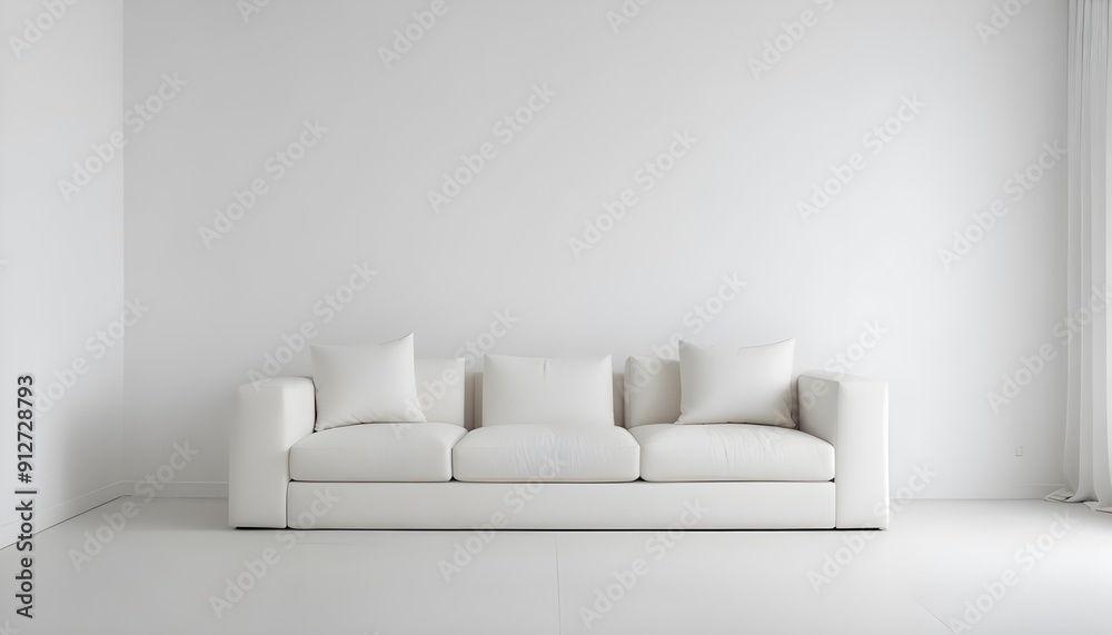 Naklejka premium A white sofa in a minimalist white room with a plain white wall
