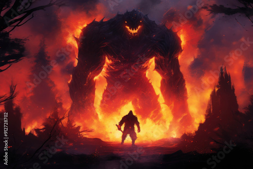 Fierce Flame Monster Emerging from the Fiery Inferno in a Dark Forest, Illuminating the Surrounding with Blazing Light