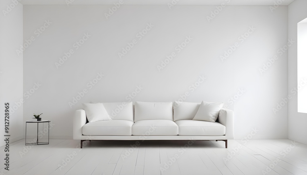 A white sofa in a minimalist white room with a plain white wall A white sofa in a minimalist white room with a plain white wall