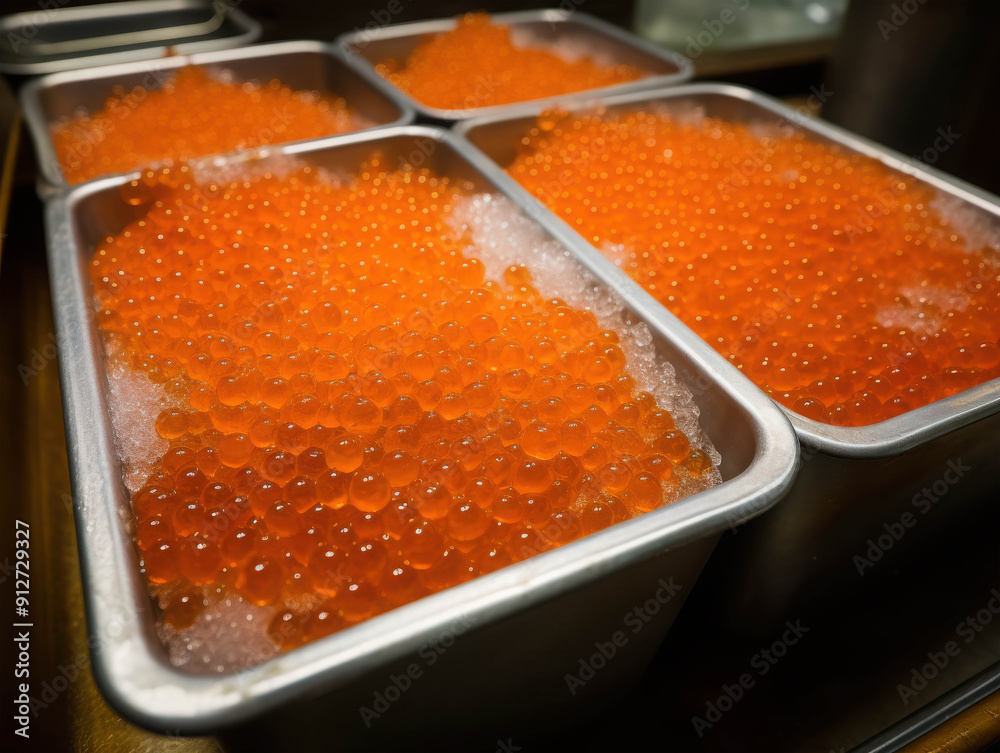 Freshly Harvested Orange Salmon Roe in Yellow Containers, Shining with a Lustrous Glow in a Clean Kitchen Setting Freshly Harvested Orange Salmon Roe in Yellow Containers, Shining with a Lustrous Glow in a Clean Kitchen Setting