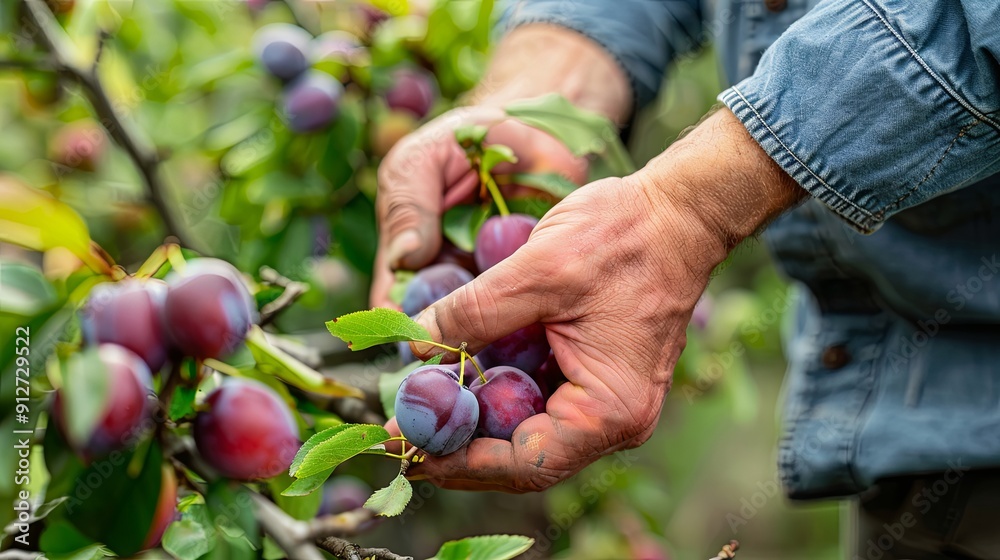Close-up Portrait of a Farmer Harvesting Fresh Organic Plums, Celebrating the Bounties of Nature and Sustainable Farming Practices. Agriculture and Harvesting Concepts. Close-up Portrait of a Farmer Harvesting Fresh Organic Plums, Celebrating the Bounties of Nature and Sustainable Farming Practices. Agriculture and Harvesting Concepts.
