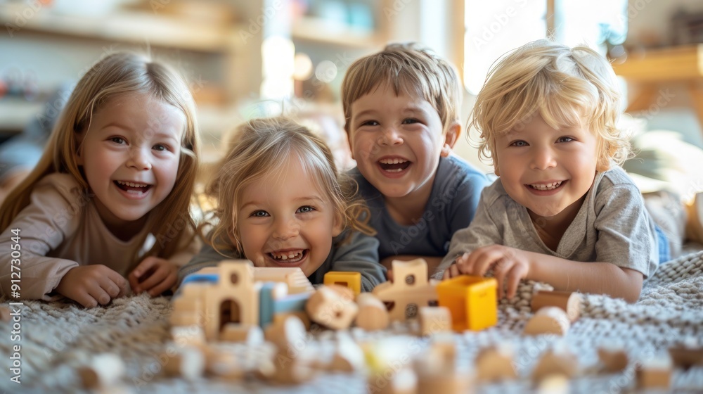 Kindergarten teacher supervising play with colorful wooden educational toys Kindergarten teacher supervising play with colorful wooden educational toys