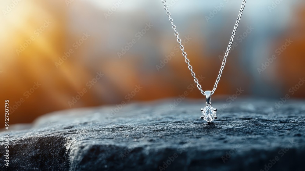 Delicate silver necklace with pendant on rough dark stone, sunlight highlighting details. Delicate silver necklace with pendant on rough dark stone, sunlight highlighting details.
