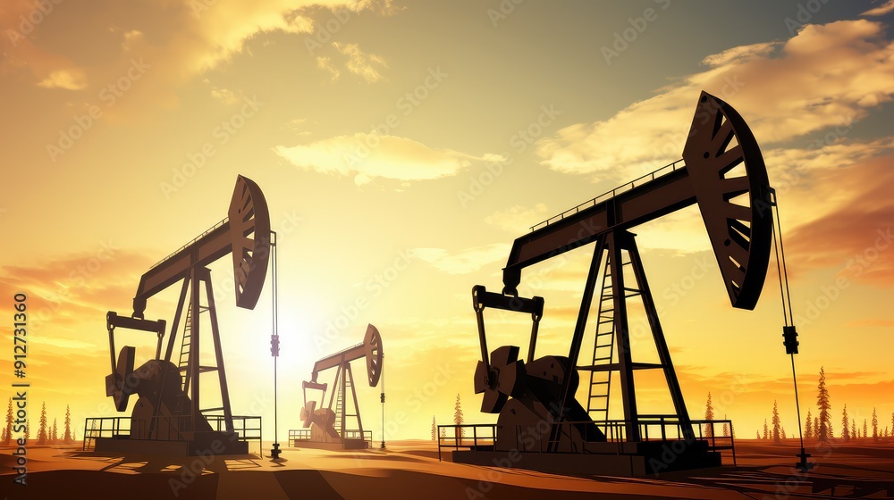 Obraz premium Silhouette oil well beam pump during sunset. Pumpjack silhouettes.