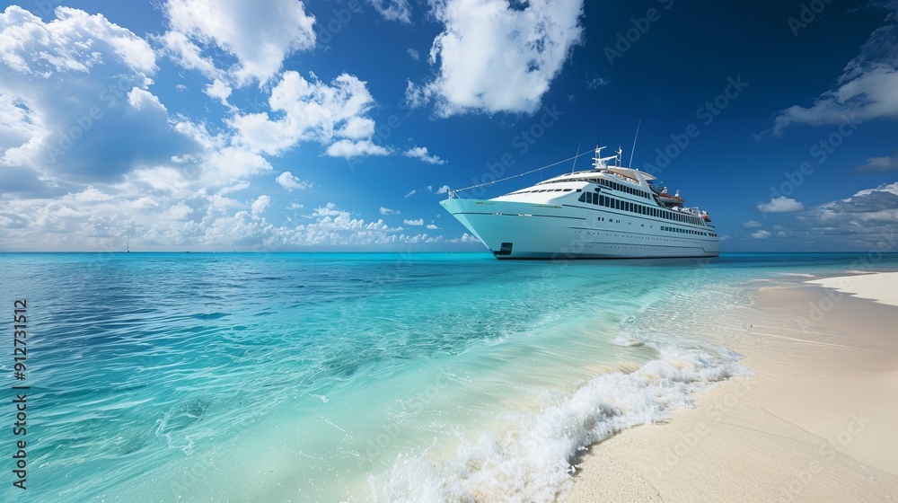 Fototapeta premium White cruise ship anchored by a crystal clear beach