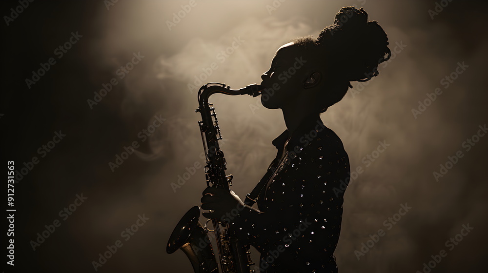 Obraz premium woman while Looking up, silhouette costume style of American folk, playing solo Musical instrument likes a saxophone , on a tone of dark background, on a stage