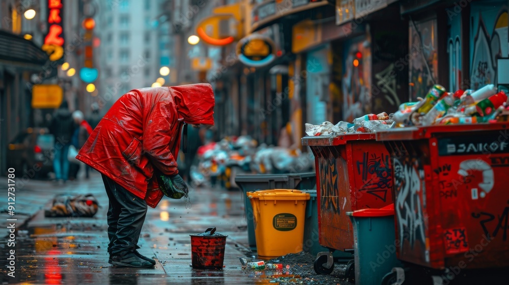 Fototapeta premium Urban Street Scene with Homeless Person and Overflowing Trash Bins in Rainy City Alley. Generative ai