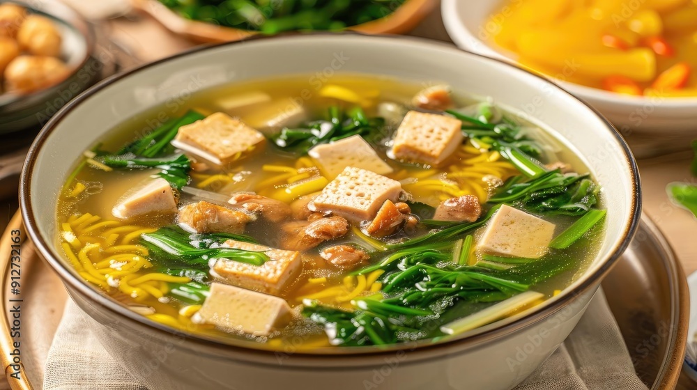 Delicious vegetable soup with noodles, tofu, and greens in a bowl, perfect for a cozy meal or healthy diet. Delicious vegetable soup with noodles, tofu, and greens in a bowl, perfect for a cozy meal or healthy diet.