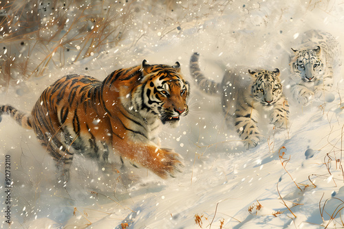 A tiger running in the snow photo