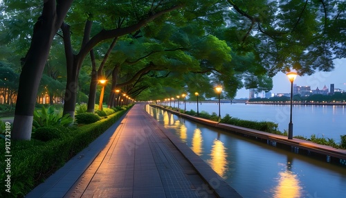 In the evening, the peaceful riverside trail is lined with trees and the water is sparkling.