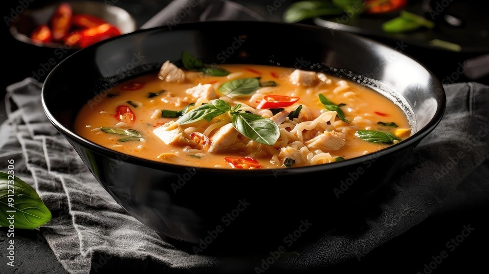 Delicious bowl of creamy soup garnished with herbs and vegetables, featuring vibrant colors and rich textures in a dark setting. Delicious bowl of creamy soup garnished with herbs and vegetables, featuring vibrant colors and rich textures in a dark setting.