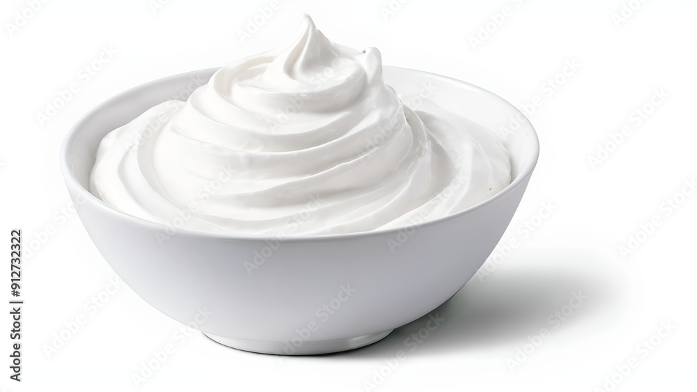 fresh greek yogurt, Swirl of sour cream in bowl isolated on white background with clipping path, fresh greek yogurt, Swirl of sour cream in bowl isolated on white background with clipping path,