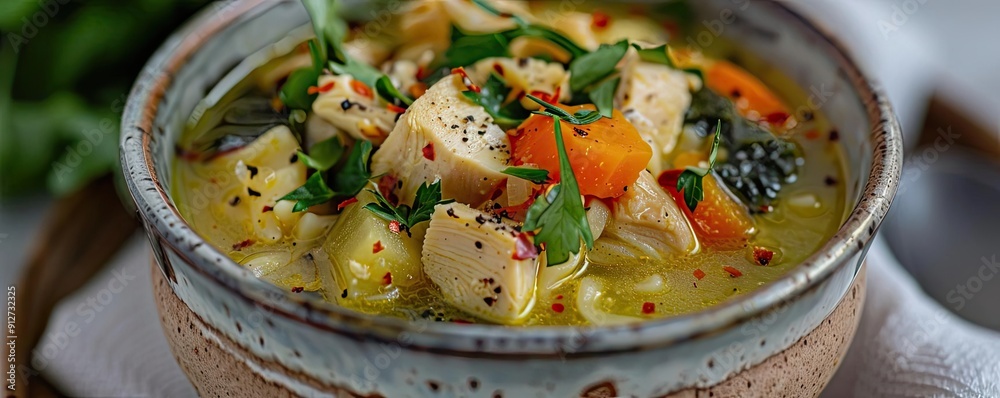 A warm bowl of chicken soup filled with fresh vegetables and herbs, perfect for comfort and nourishment on a cozy day. A warm bowl of chicken soup filled with fresh vegetables and herbs, perfect for comfort and nourishment on a cozy day.