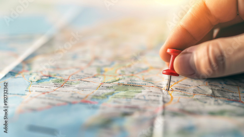 Location marking with a pin on a map with routes. Find your way. Adventure, discovery, navigation, communication, logistics, geography, transport and travel theme concept background