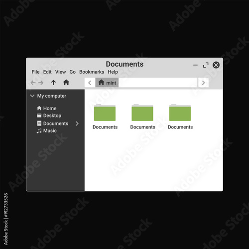 Document manager panel in green color. Digital explorer for computer. File manager application.