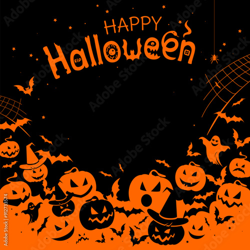 Halloween banner with black pumpkins and bats on the orange background, Illustration with place for text.
