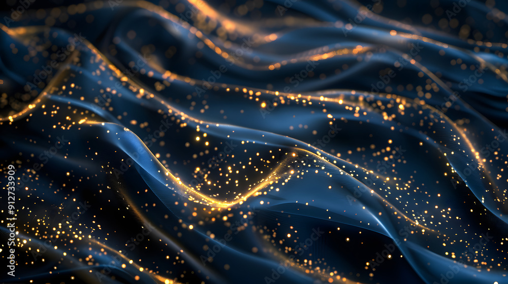 Royal yuletide glow abstract. Dark blue silk scattered with golden light trails. Opulent festive mood. Majestic holiday background. 