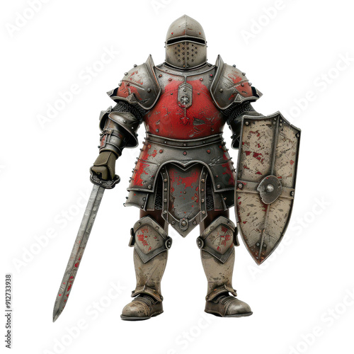 A battle-ready knight in armor, holding a shield and sword, showcasing the essence of medieval warfare and valor.