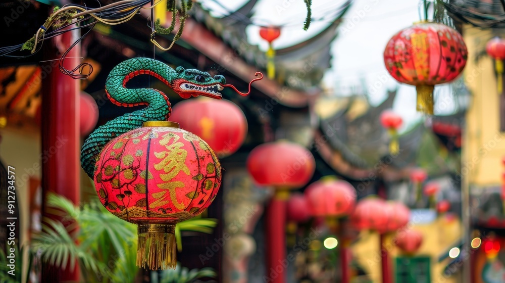 Naklejka premium Chinese new year 2025 celebration with green wooden snake symbol for festive occasions