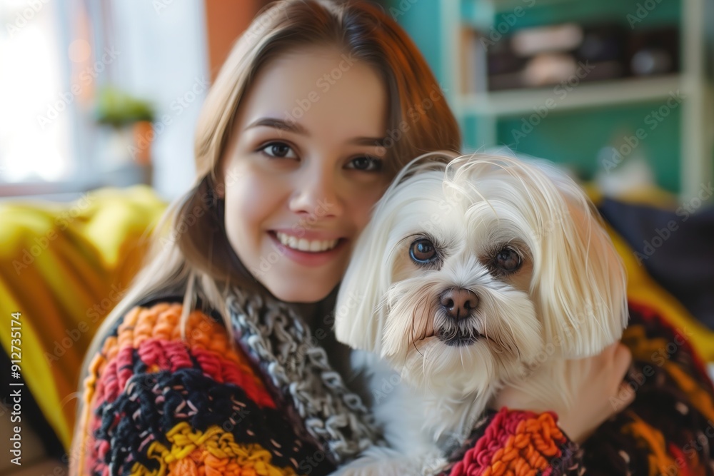 Happy Woman Cuddling Cute Dog In Cozy Home Happy Woman Cuddling Cute Dog In Cozy Home
