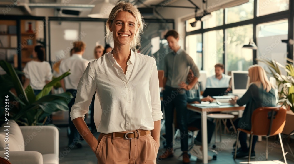 A vibrant, bustling office scene captures a confident woman standing in the foreground, with multiple coworkers engaging in various tasks behind her. A vibrant, bustling office scene captures a confident woman standing in the foreground, with multiple coworkers engaging in various tasks behind her.