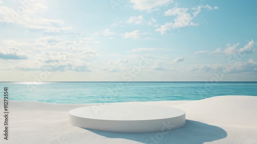 Minimalist Beach Podium for Product Display - A pristine white podium sits on a sandy beach, with the turquoise ocean and blue sky as a backdrop. This image evokes peace, serenity, and luxury, perfect